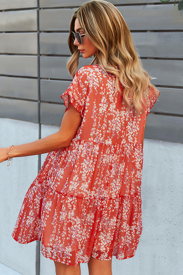 Floral Print V Neck Mini Dress