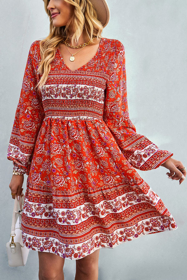 Bohemia Smocked Bust Long Sleeve Mini Dress