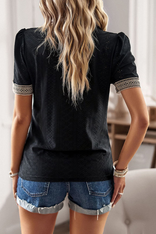 V Neck Patchwork Short Sleeve Casual Tops