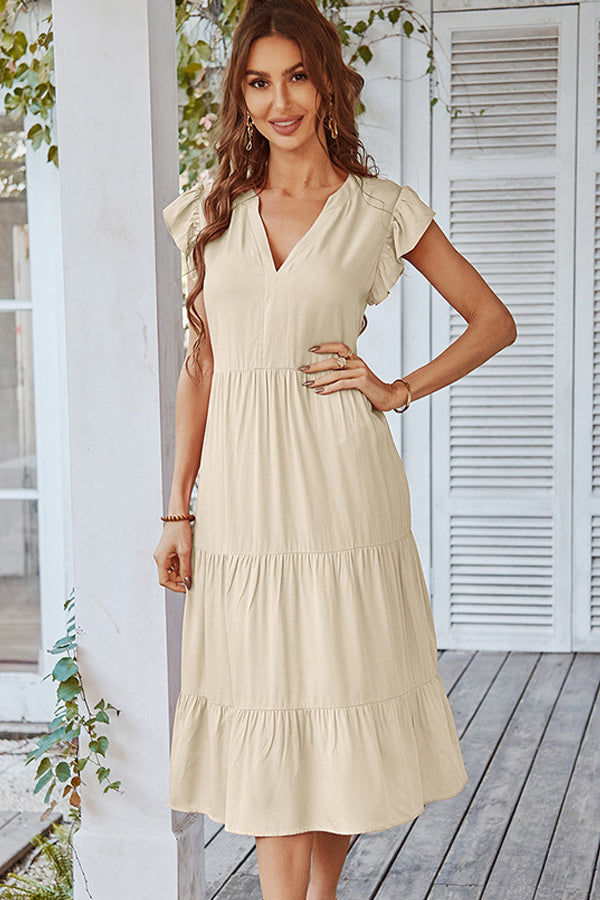 Ruffle Shoulder V Neck Vacation Dress