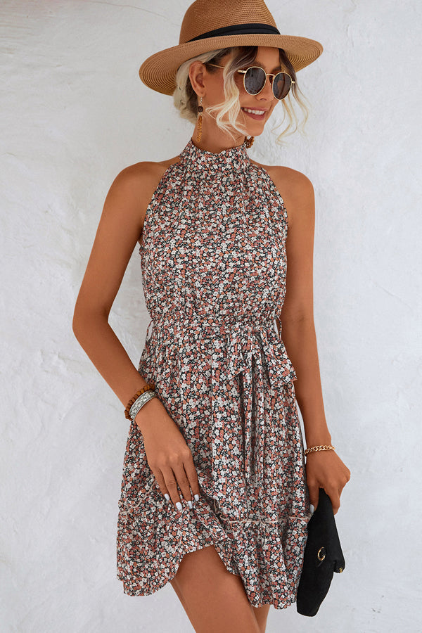 Fashion Floral Print Halter Neck Mini Dress