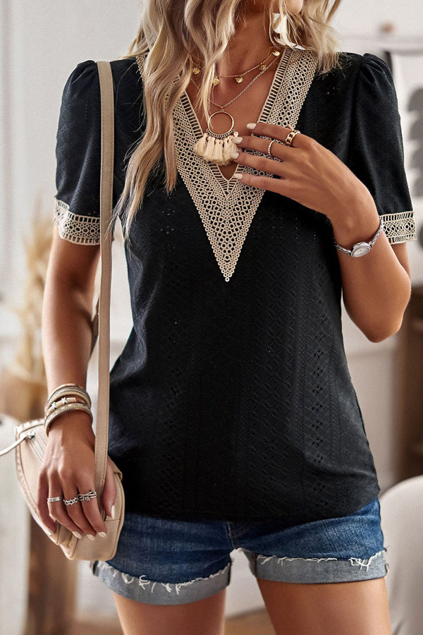 V Neck Patchwork Short Sleeve Casual Tops