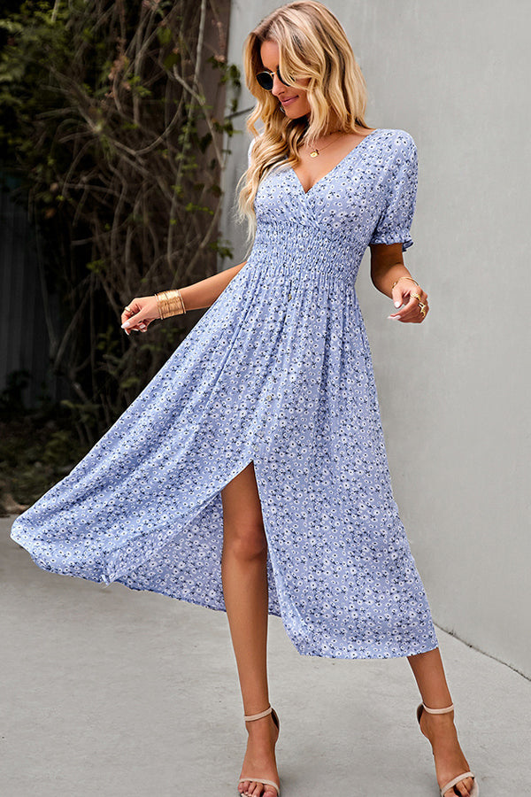 Fashion V Neck Smocked Chest Floral Print Maxi Dress