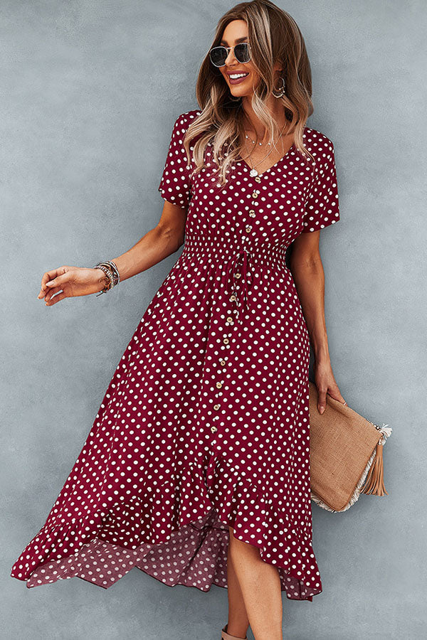 Fashion Dots Print High Waist V Neck Casual Dress