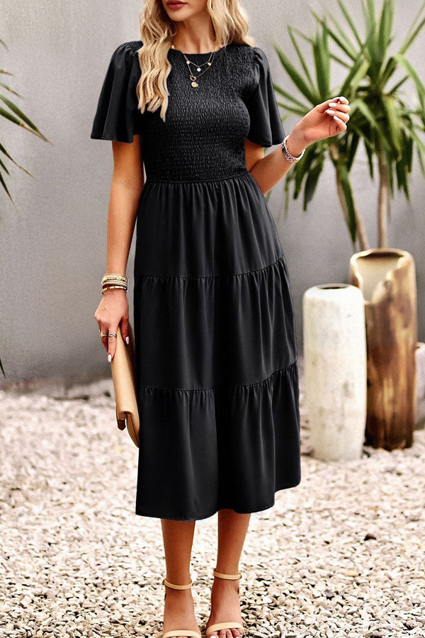 Smocked Chest Short Sleeve Solid Midi Dress