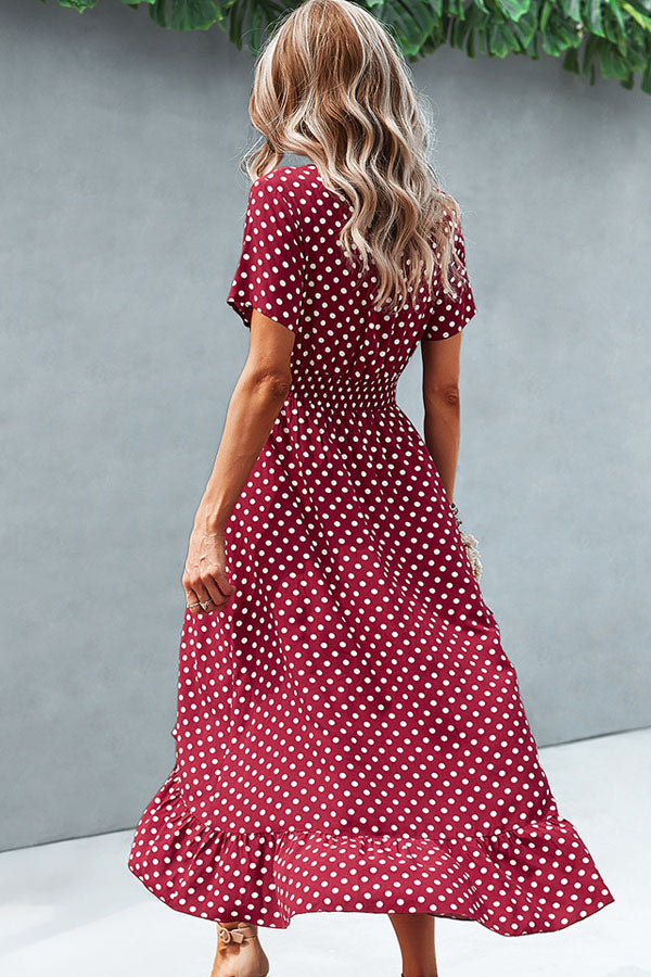 Fashion Dots Print High Waist V Neck Casual Dress