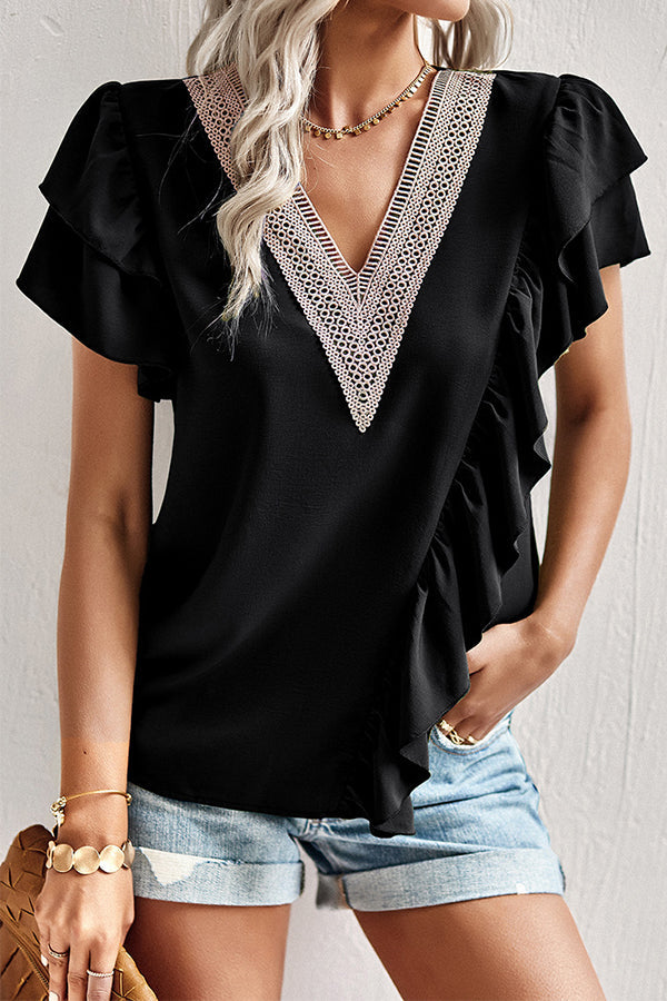 Lace Patchwork V Neck Ruffled Casual Tops