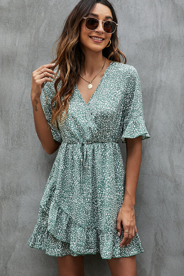 V Neck Printed Trumpet Sleeve Casual Dress