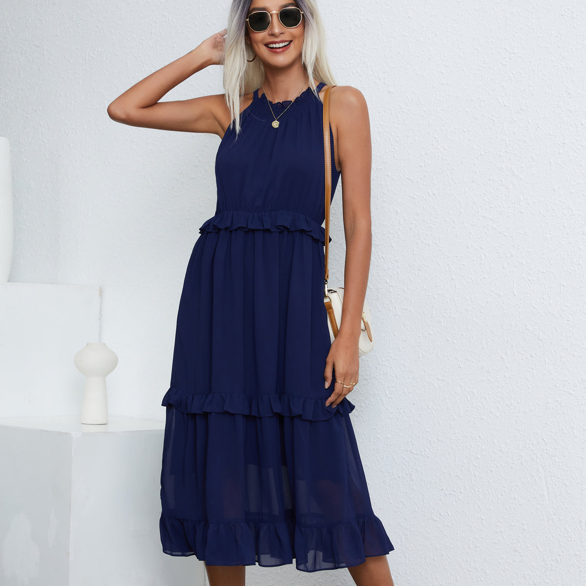 Solid Color Halter Neck Sleeveless Maxi Dress