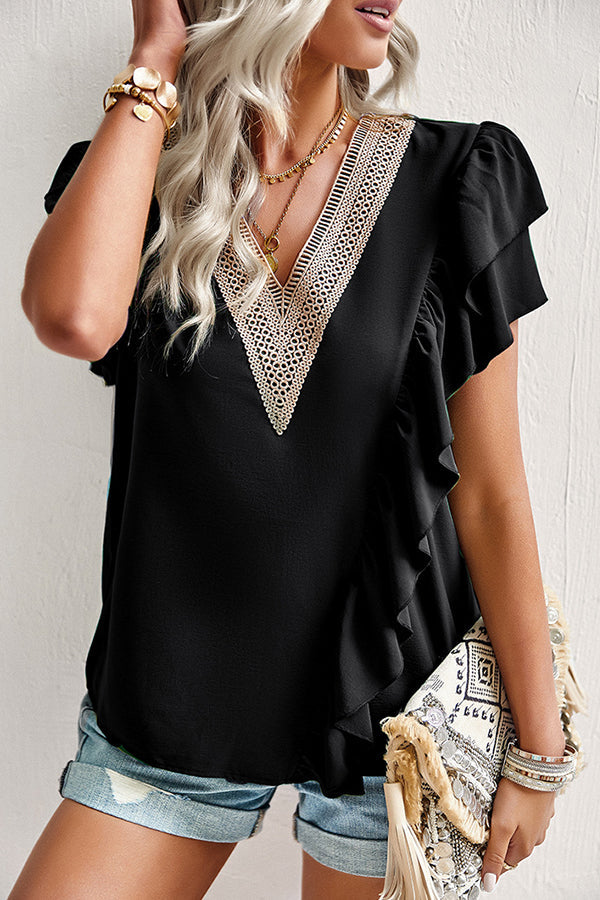 Lace Patchwork V Neck Ruffled Casual Tops