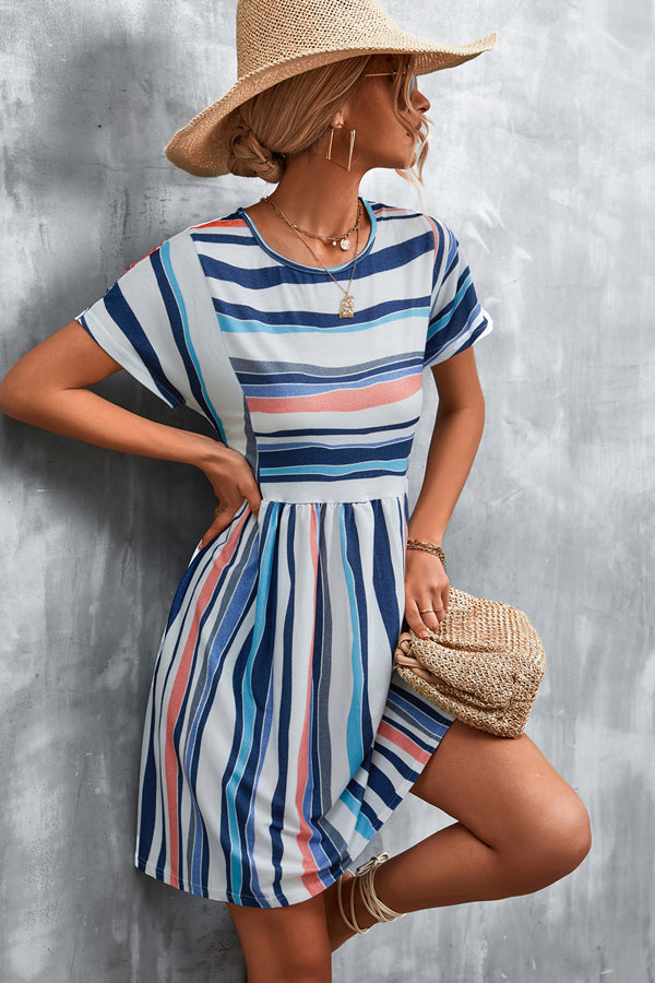 Stripe Print Round Neck Mini Dress