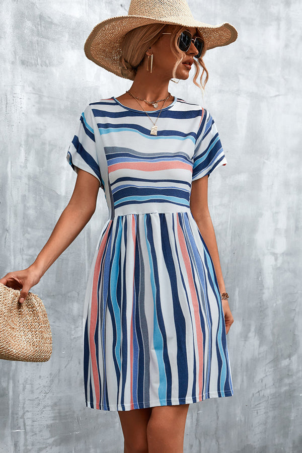 Stripe Print Round Neck Mini Dress