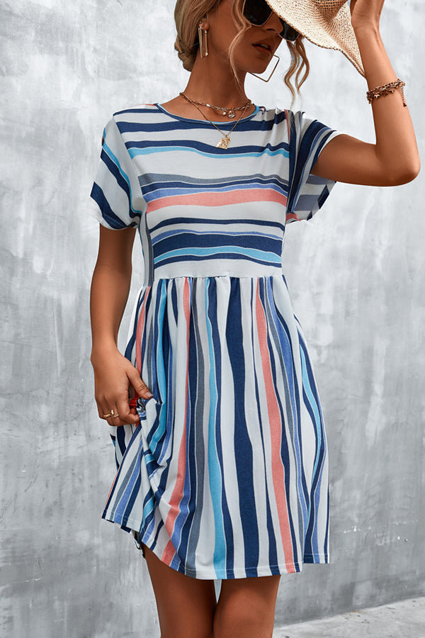 Stripe Print Round Neck Mini Dress