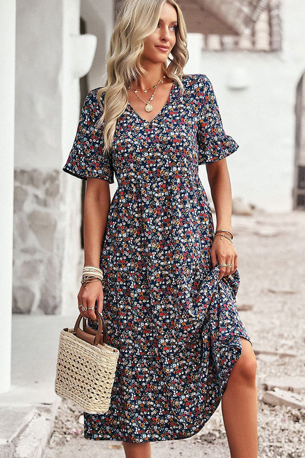 V Neck Floral Print Ruffled Midi Dress