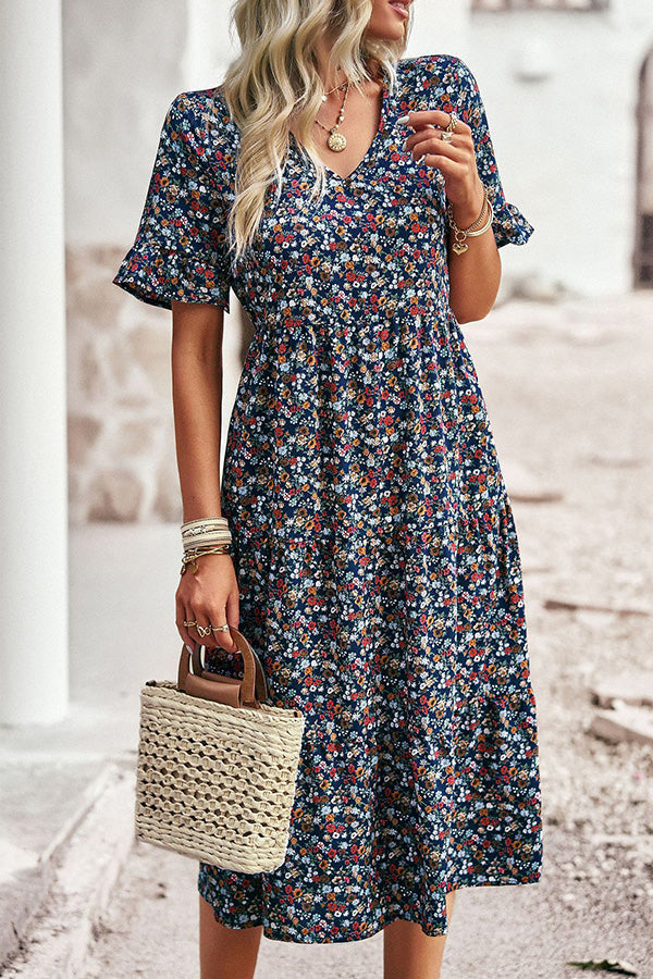 V Neck Floral Print Ruffled Midi Dress