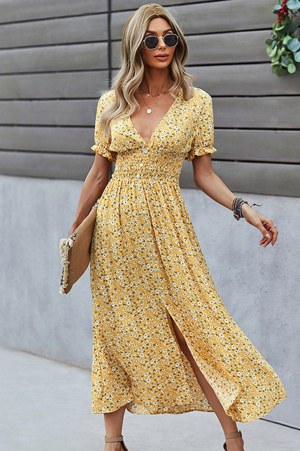 V Neck Smocked Chest Floral Print Maxi Dress