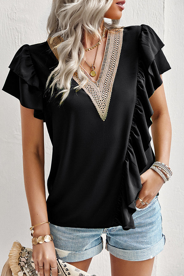 Lace Patchwork V Neck Ruffled Casual Tops