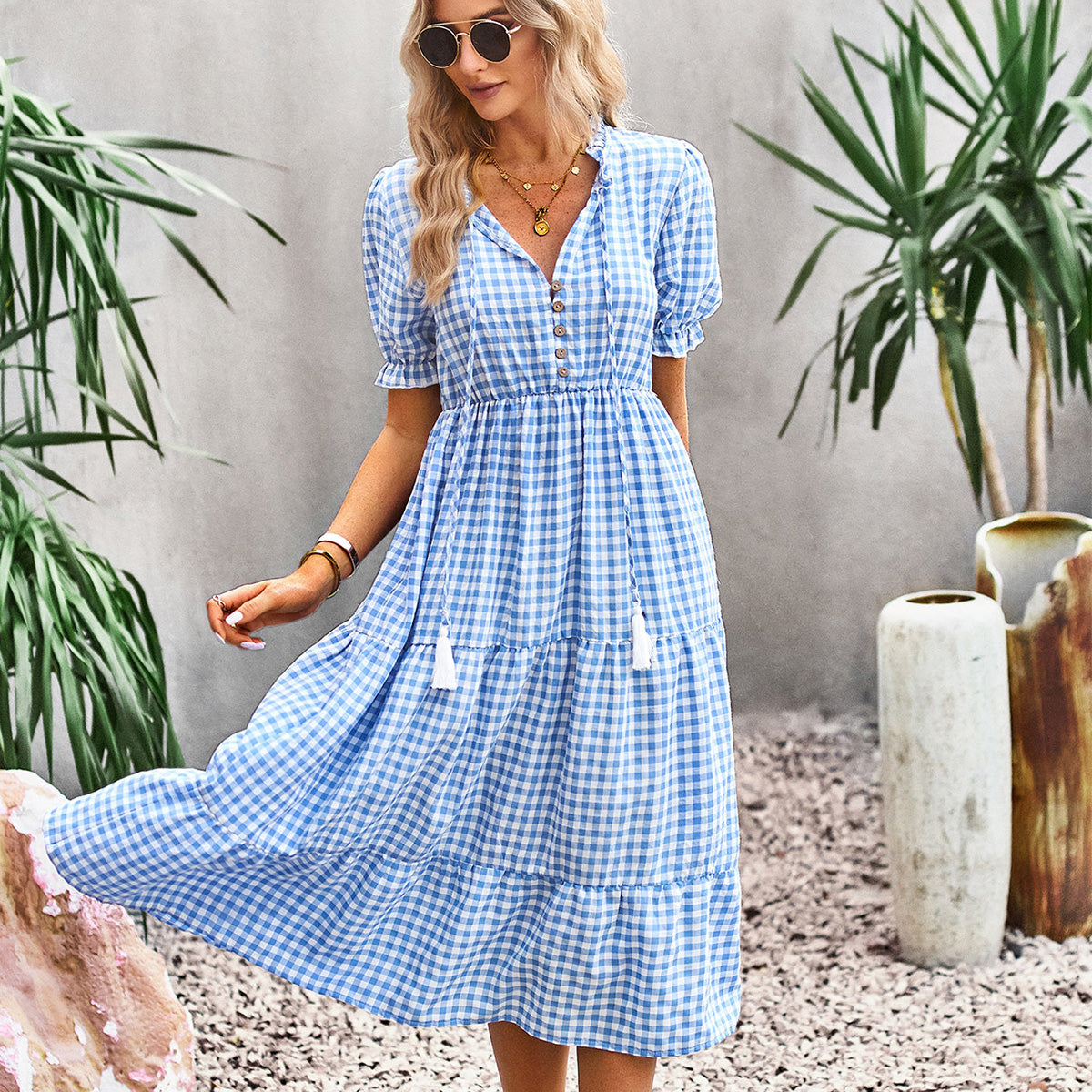 V Neck Plaid Print Maxi Length Dress