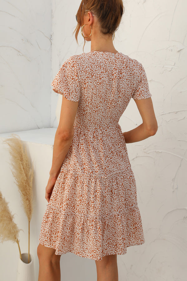 Fashion Printed Ruched Short Sleeve Dress