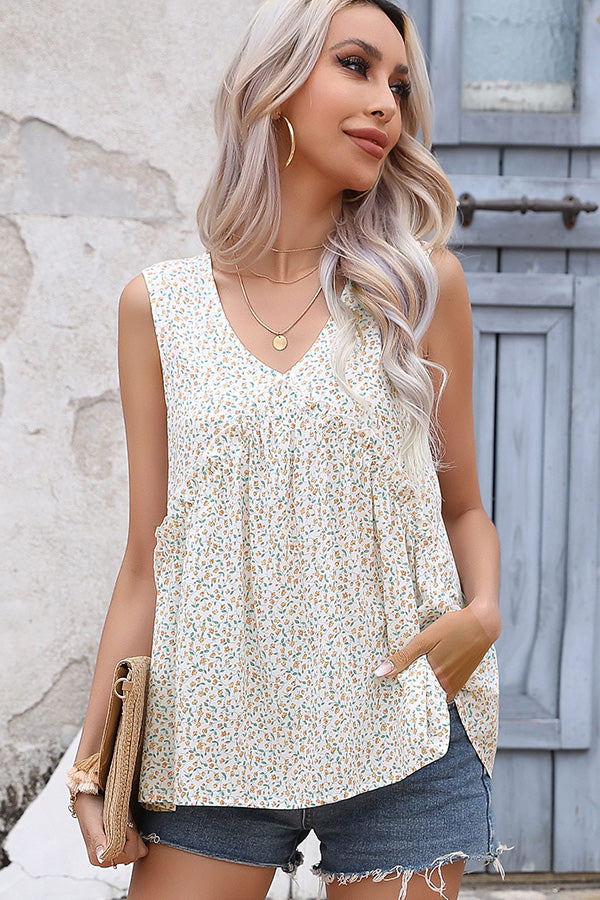 V Neck Floral Print Ruffled Casual Tops