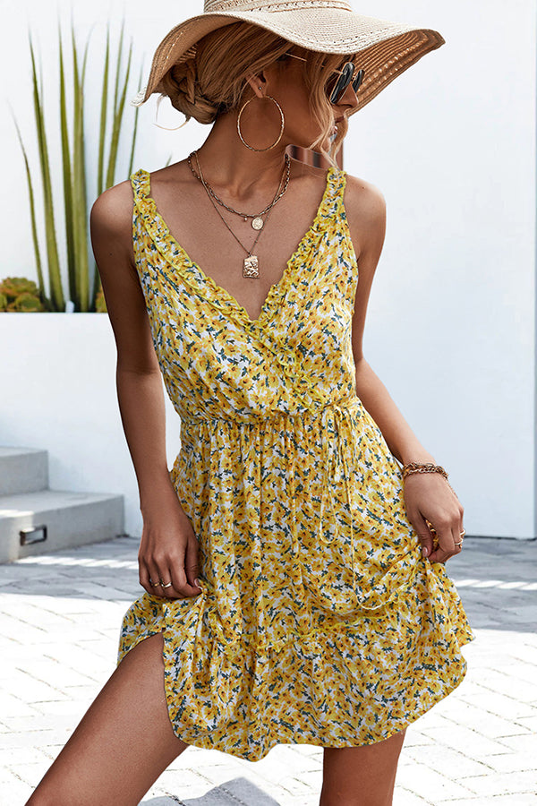 V Neck Sleeveless Printed Casual Mini Dress