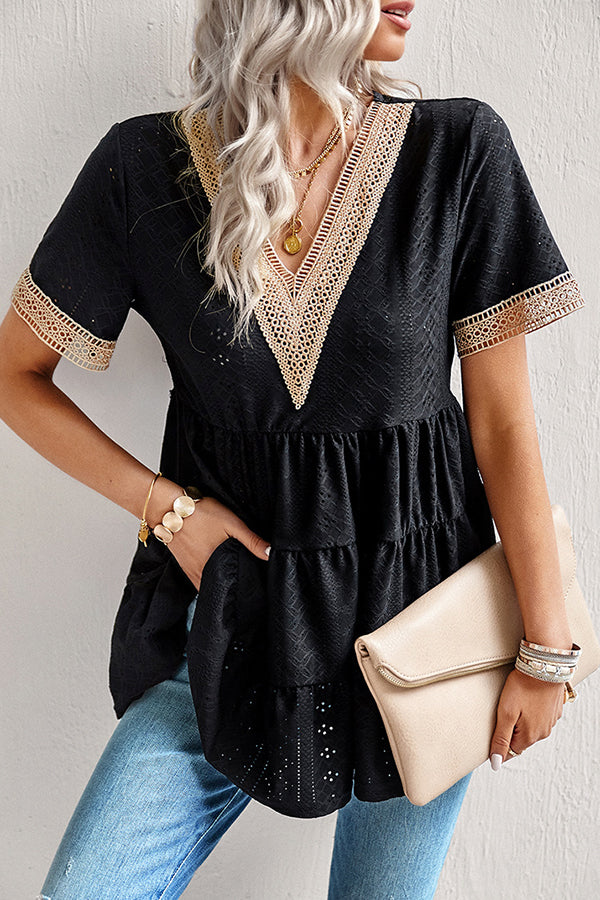 V Neck Lace Patchwork Ruffled Casual Tops