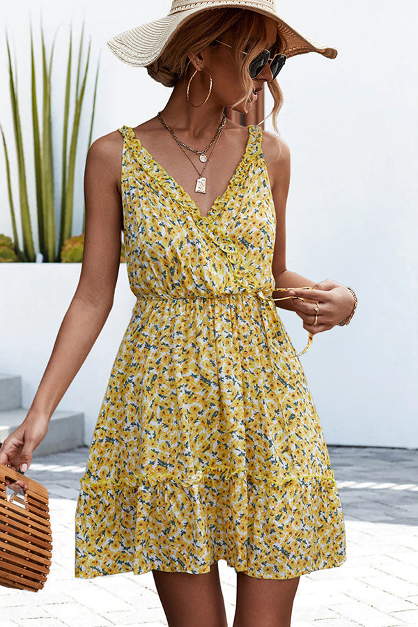 V Neck Sleeveless Printed Casual Mini Dress