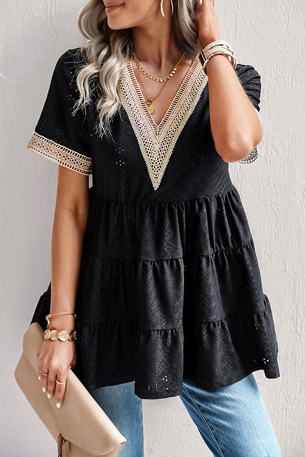 V Neck Lace Patchwork Ruffled Casual Tops