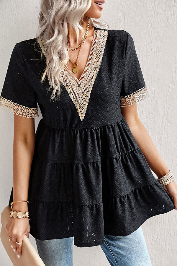 V Neck Lace Patchwork Ruffled Casual Tops