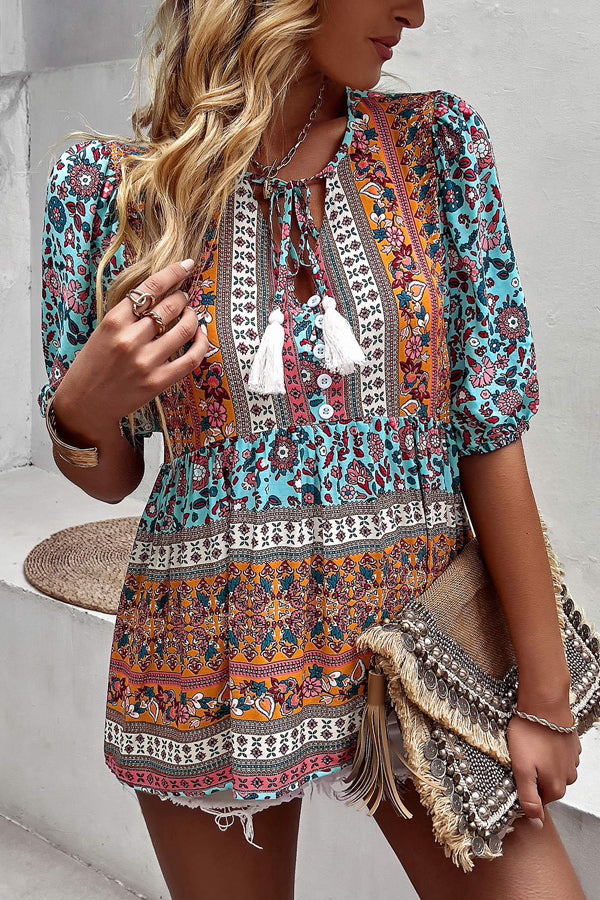 Bohemian Floral Short Sleeve Casual Tops