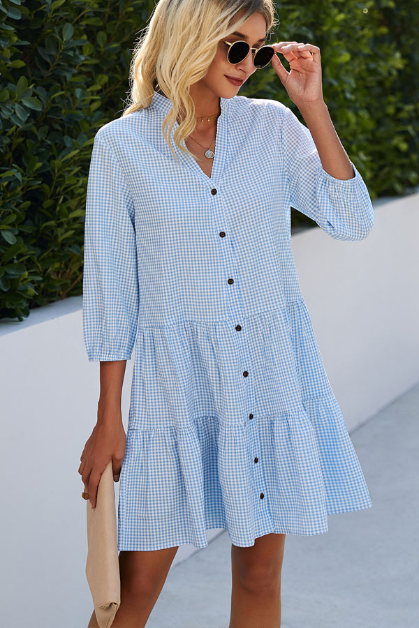 Plaid Print Button Up Split Neck Tunic Dress