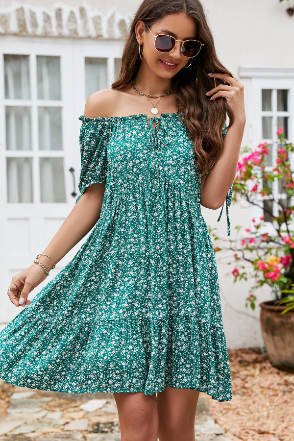 Floral Print Off Shoulder Lace Up Mini Dress