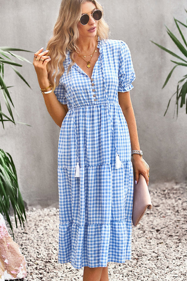 V Neck Plaid Print Maxi Length Dress