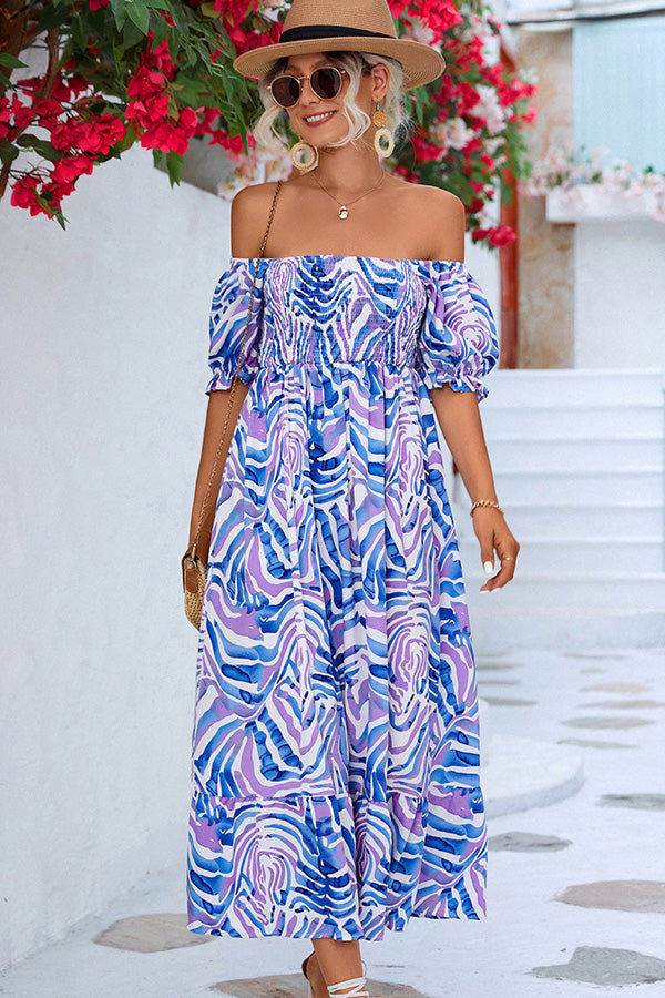 Print Smocked Off The Shoulder Midi Dress