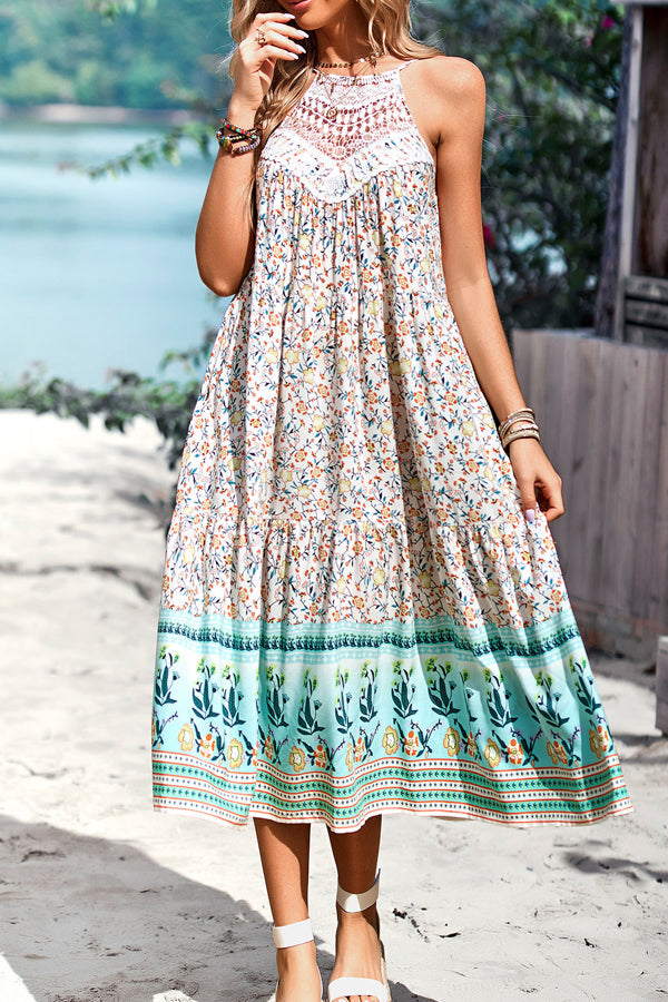 Fashion Floral Print Ruffle Hem Sleeveless Dress