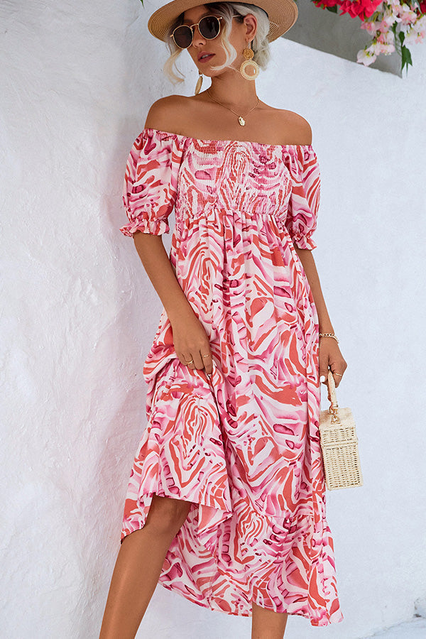 Smocked Print Off The Shoulder Midi Dress