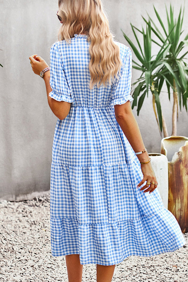 V Neck Plaid Print Maxi Length Dress