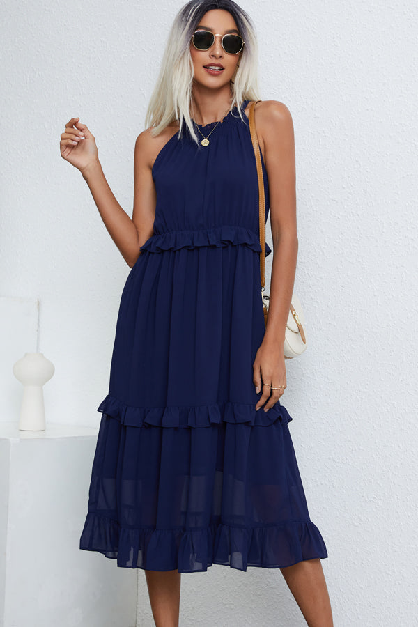 Solid Color Halter Neck Sleeveless Maxi Dress