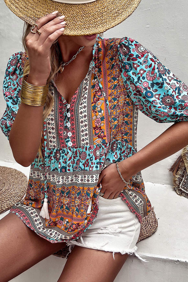 Bohemian Floral Short Sleeve Casual Tops