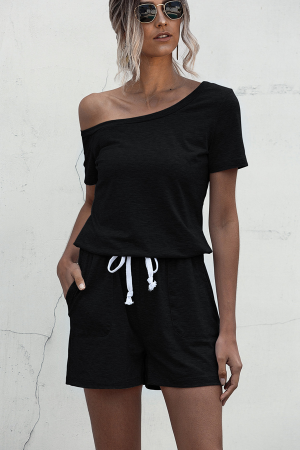 Skew Neck Drawstring Waist Black Rompers