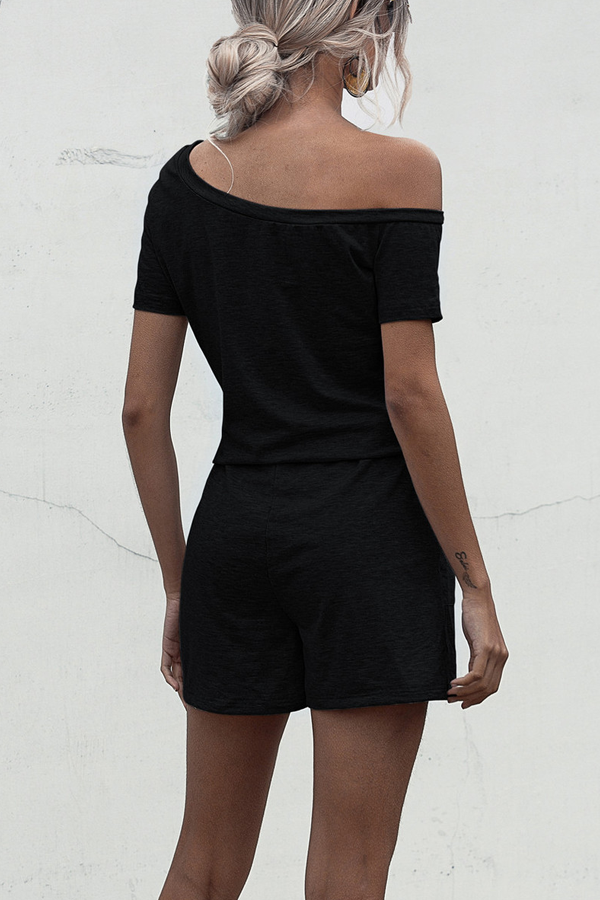 Skew Neck Drawstring Waist Black Rompers