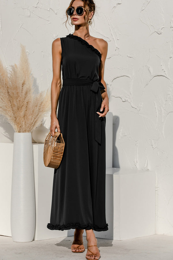 Solid Color Skew Neck Stringy Selvedge Maxi Dress