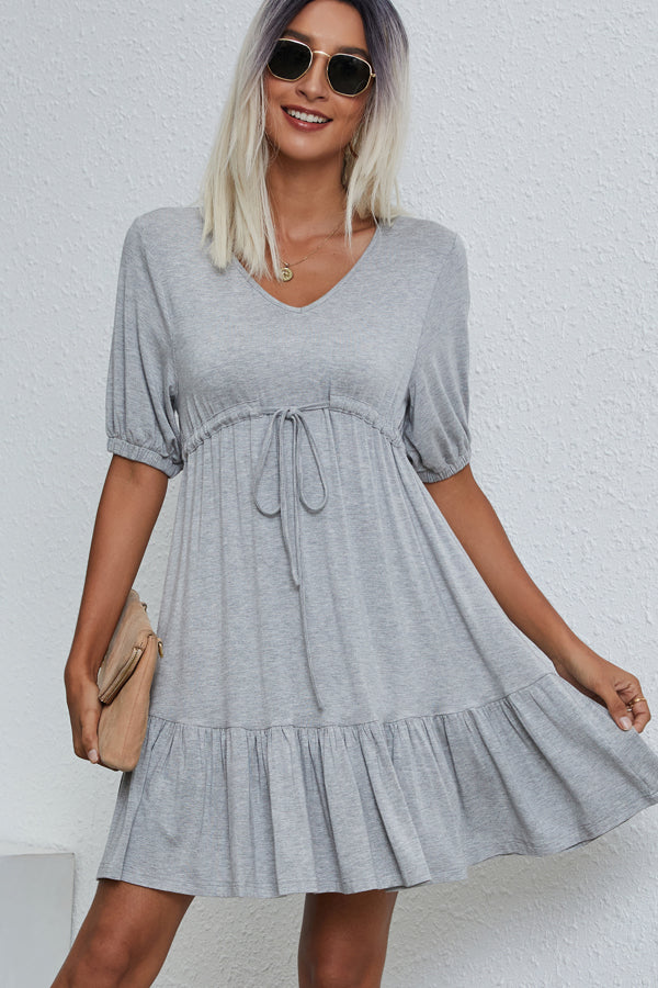 V Neck Drawstring Waist Casual Mini Dress