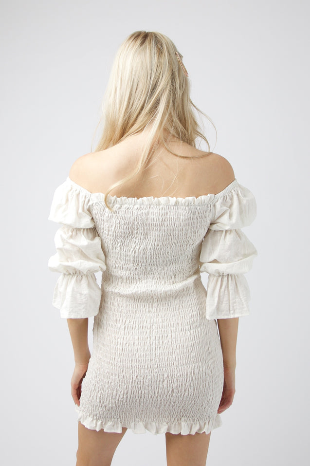 Harlow Mini Shirred Dress - WHITE