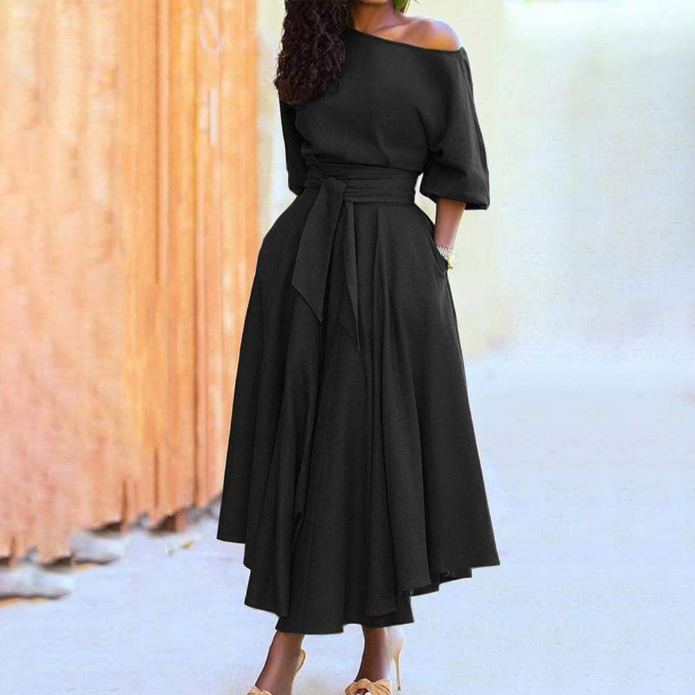 Oblique Shoulder Lace-up Tie Waist Belted Dress