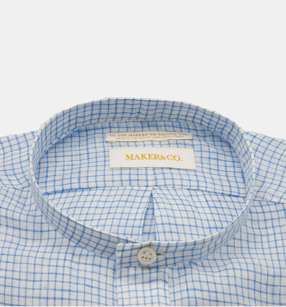 Maker & Co. Pop Over Irish Linen Band Collar Shirt in a Blue Box Check