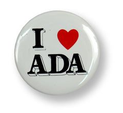 A button reading “I heart ADA.”] A disability awareness button celebrating the Americans With Disabilities Act.
