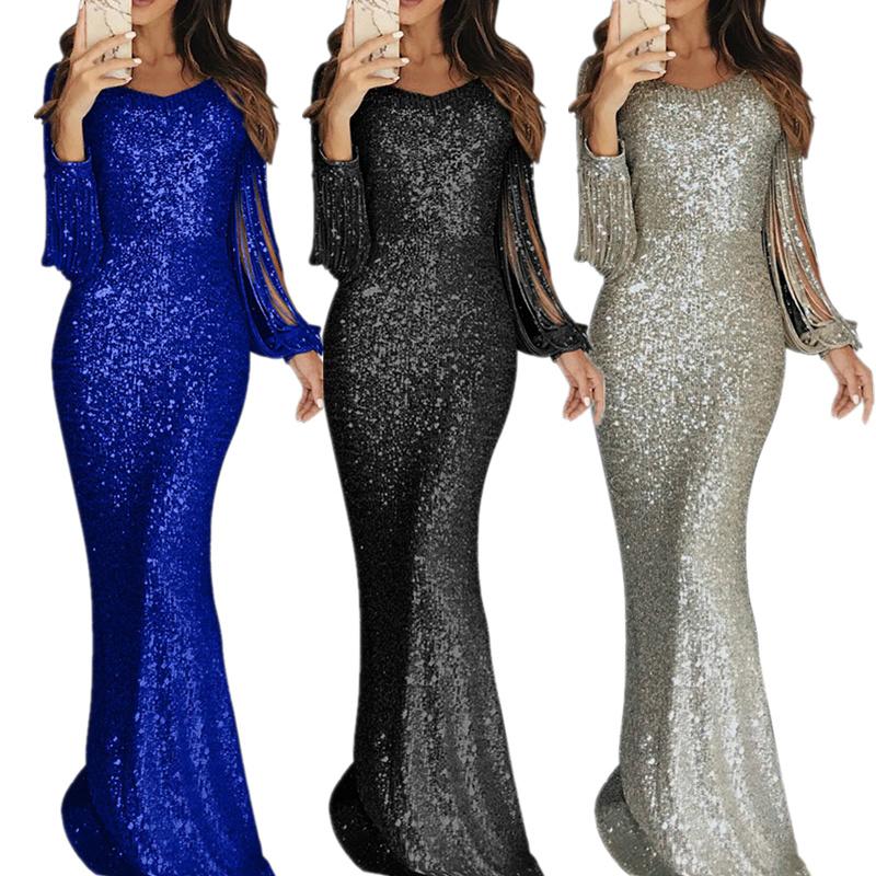 tassel sleeve sequin maxi evening dress