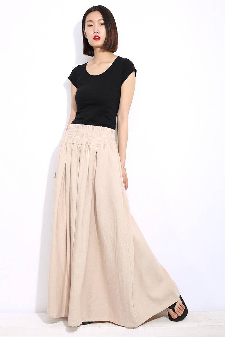 Cream Maxi Skirt - Linen Long Pleated 