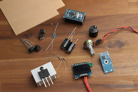The parts required to build a DIY soldering station. 